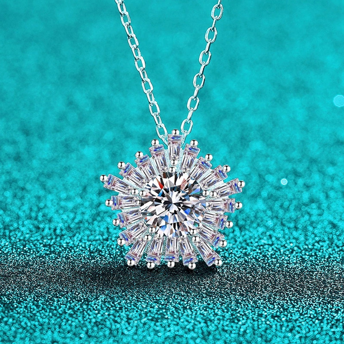 Floral Halo Moissanite Pendant Necklace with CZ in Rhodium-Plated S925 sterling silver angled product detail view