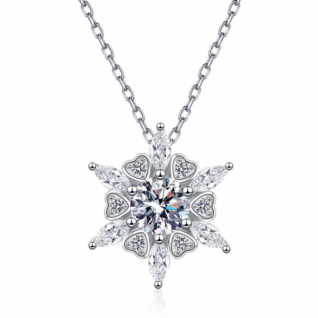Starburst Moissanite Pendant Necklace with CZ in Rhodium-Plated S925 sterling silver white background product photo showing starburst pendant with a round moissanite center and CZ pointed rays