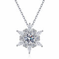 Starburst Moissanite Pendant Necklace with CZ in Rhodium-Plated S925 sterling silver white background product photo showing starburst pendant with a round moissanite center and CZ pointed rays