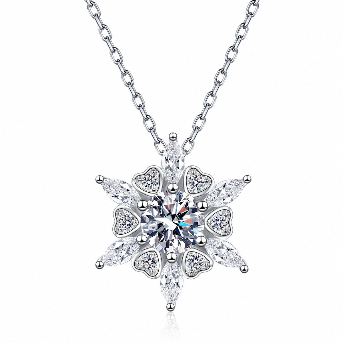 Starburst Moissanite Pendant Necklace with CZ in Rhodium-Plated S925 sterling silver white background product photo showing starburst pendant with a round moissanite center and CZ pointed rays