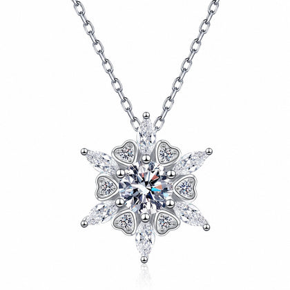 Starburst Moissanite Pendant Necklace with CZ in Rhodium-Plated S925 sterling silver white background product photo showing starburst pendant with a round moissanite center and CZ pointed rays