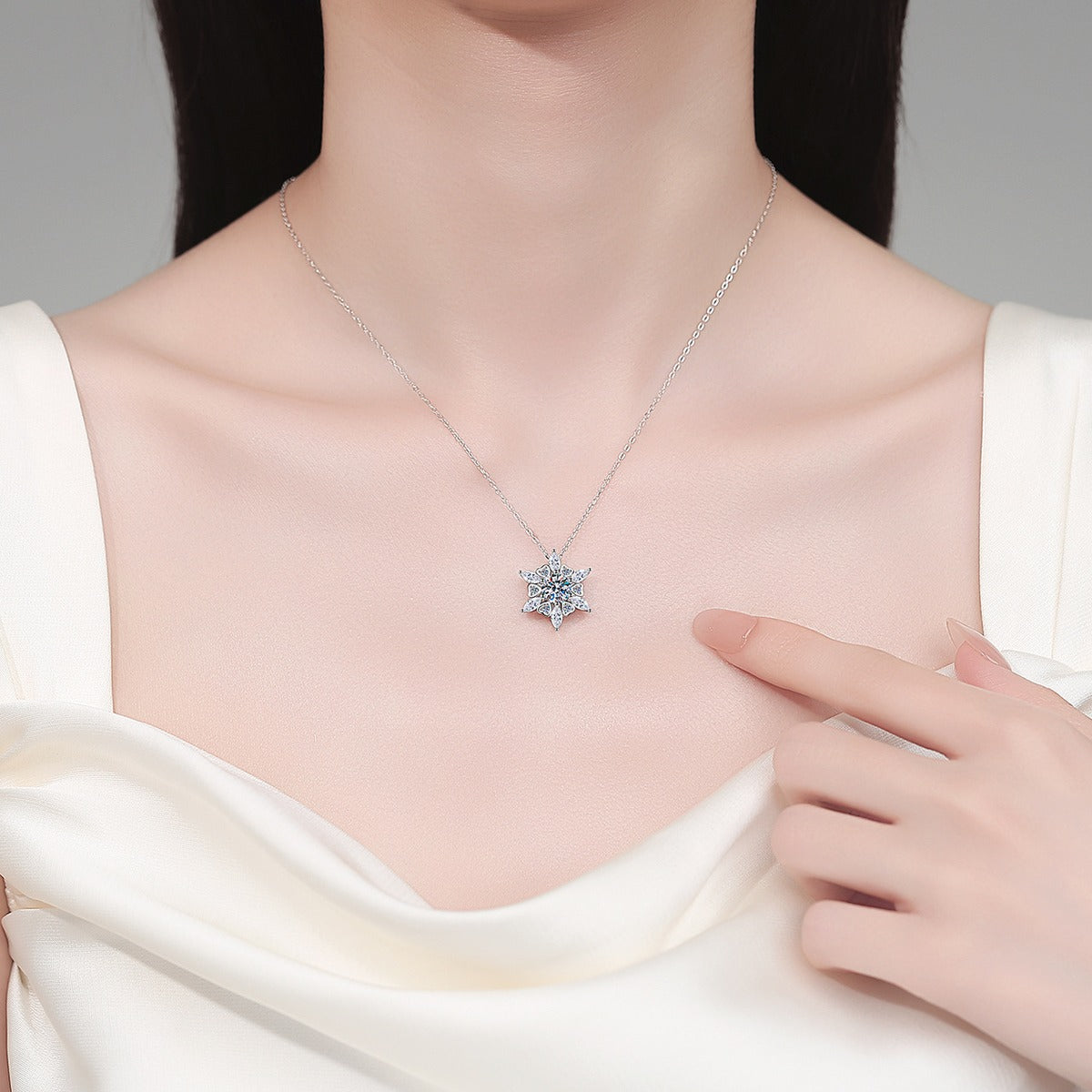 Starburst Moissanite Pendant Necklace with CZ in Rhodium-Plated S925 sterling silver neckline model view showing pendant scale and adjustable chain