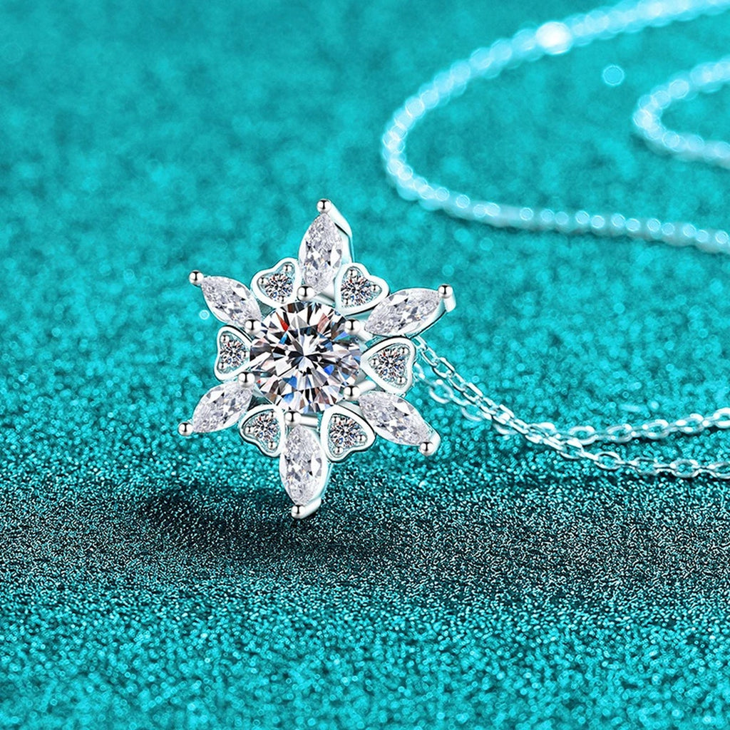 Starburst Moissanite Pendant Necklace with CZ in Rhodium-Plated S925 sterling silver blue display scene showing chain and stone layout