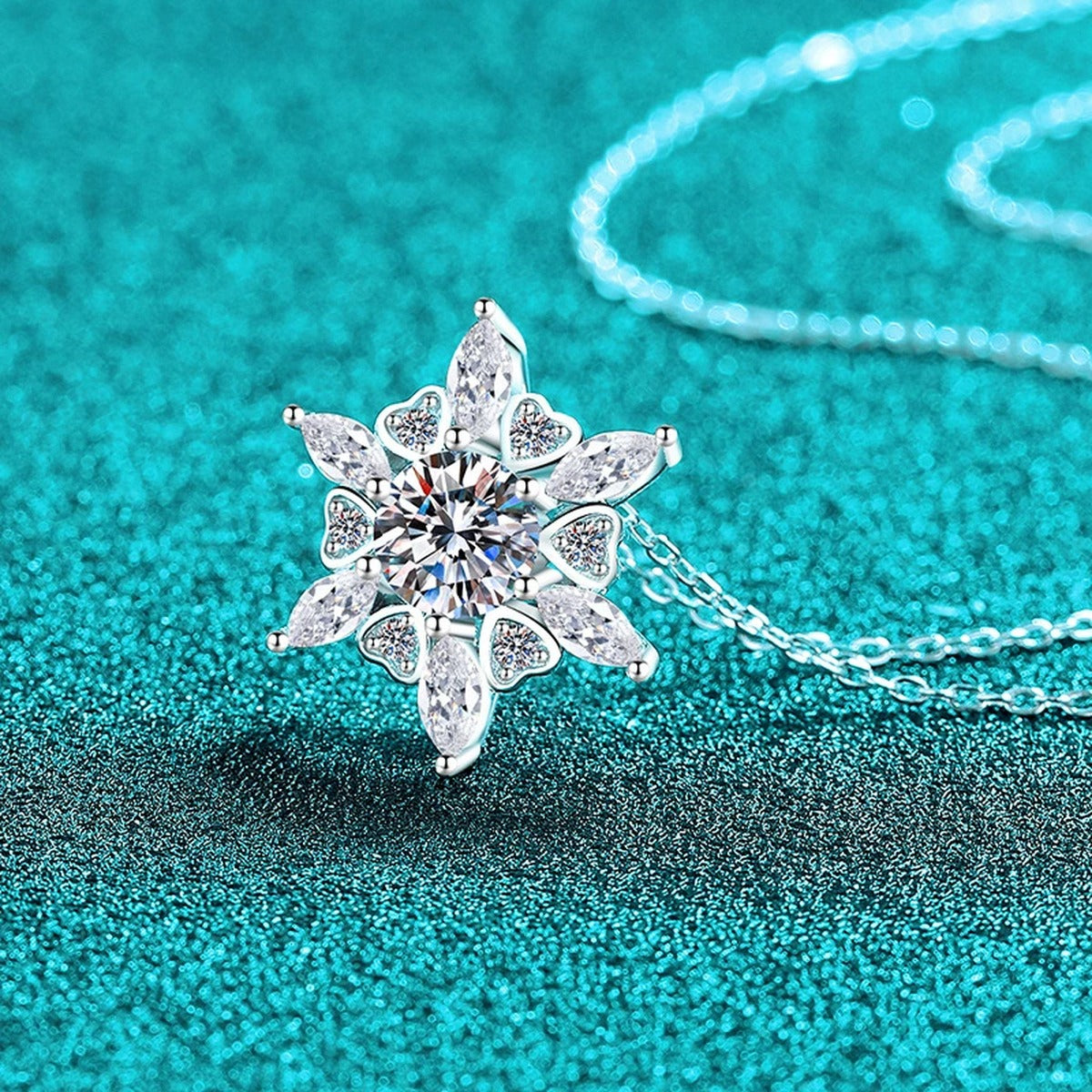 Starburst Moissanite Pendant Necklace with CZ in Rhodium-Plated S925 sterling silver blue display scene showing chain and stone layout
