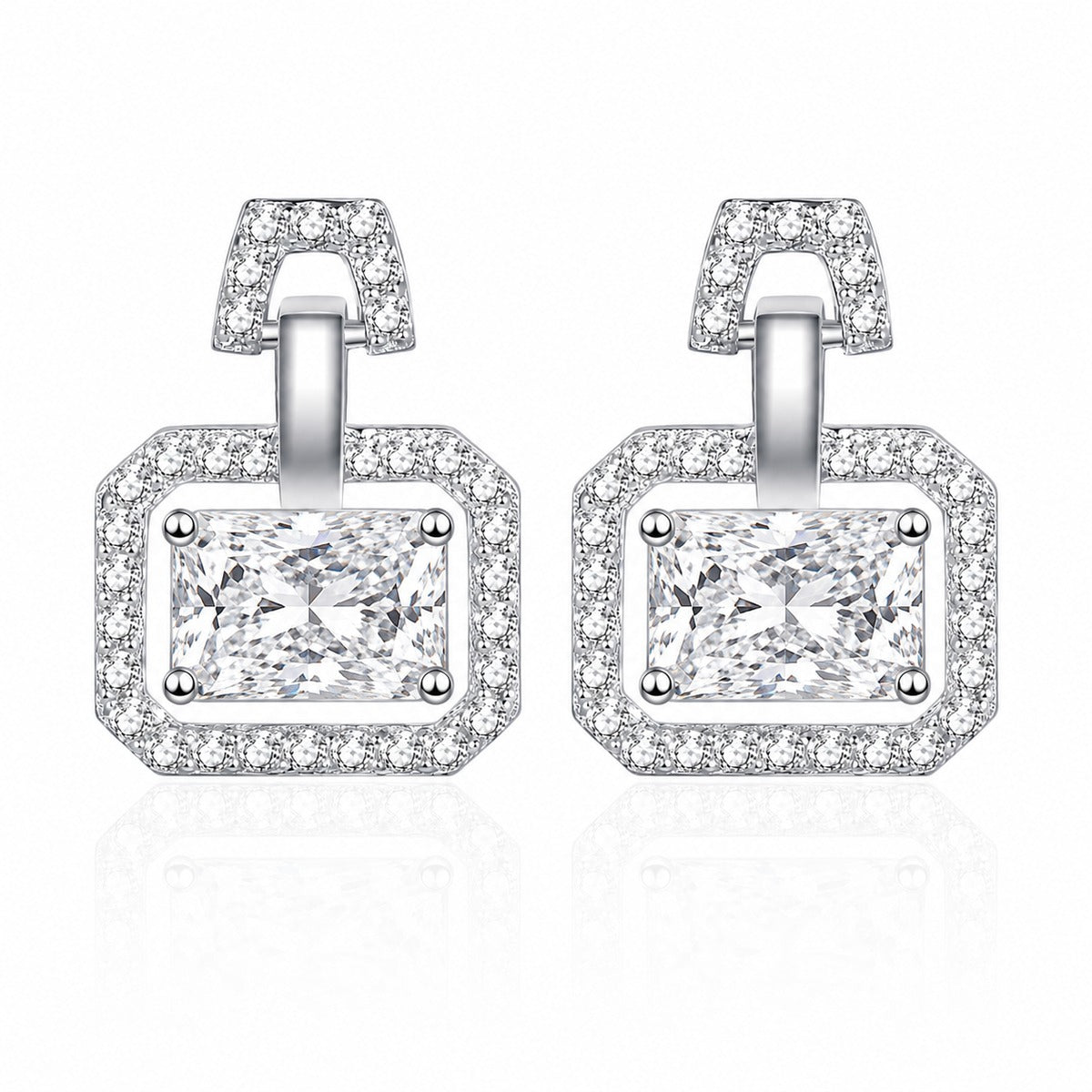 Emerald and Radiant Cut Moissanite Stud Drop Earrings with CZ in Rhodium-Plated S925 sterling silver white background product photo showing the pair, stone shape, and stud earrings silhouette