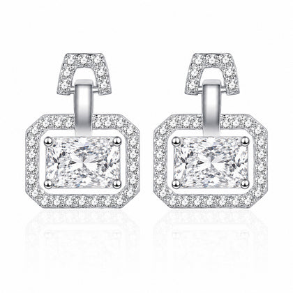 Emerald and Radiant Cut Moissanite Stud Drop Earrings with CZ in Rhodium-Plated S925 sterling silver white background product photo showing the pair, stone shape, and stud earrings silhouette