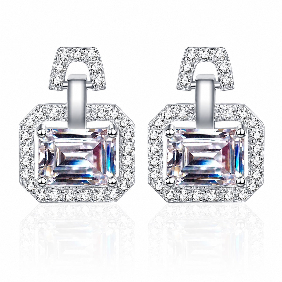 Emerald and Radiant Cut Moissanite Stud Drop Earrings with CZ in Rhodium-Plated S925 sterling silver product scene view showing front sparkle