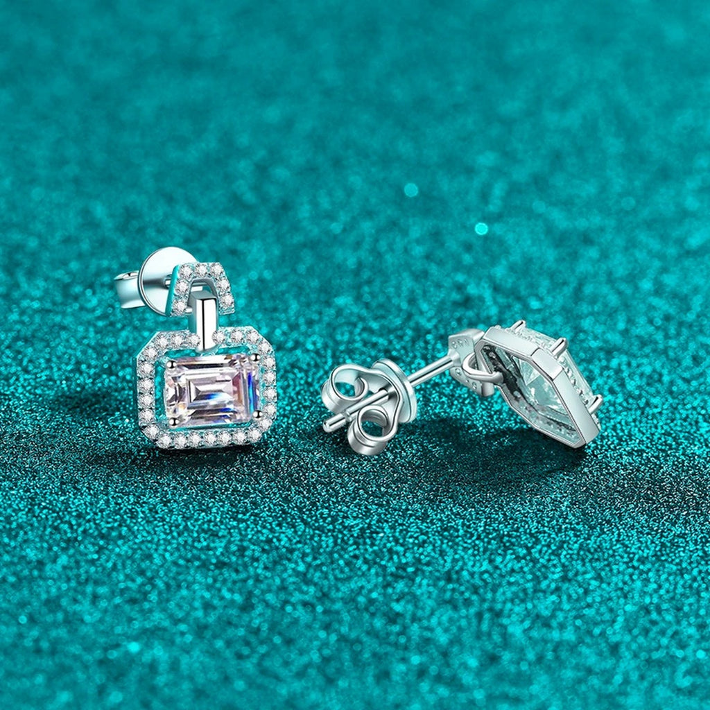 Emerald and Radiant Cut Moissanite Stud Drop Earrings with CZ in Rhodium-Plated S925 sterling silver product scene view showing angled setting detail