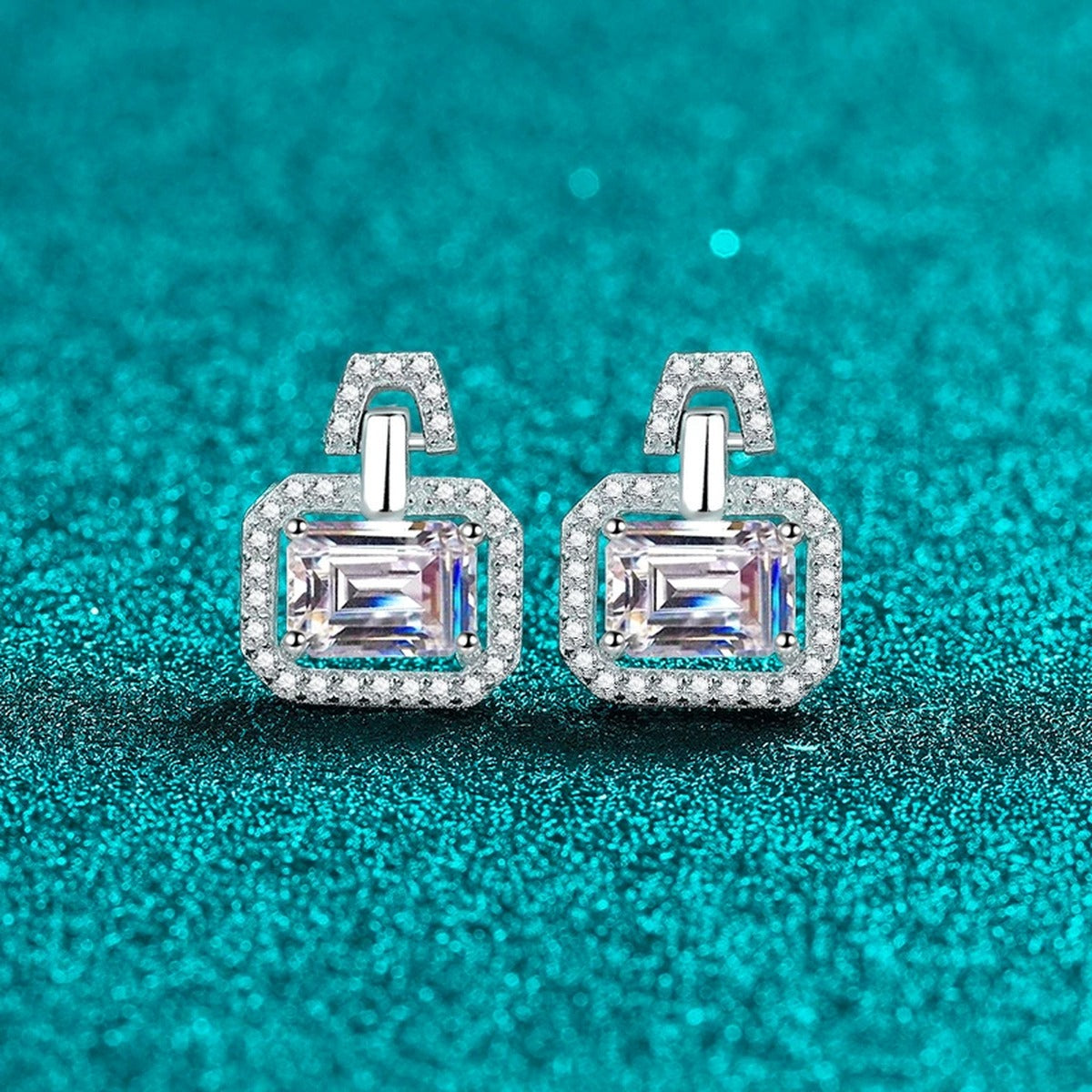 Emerald and Radiant Cut Moissanite Stud Drop Earrings with CZ in Rhodium-Plated S925 sterling silver product scene view showing side profile