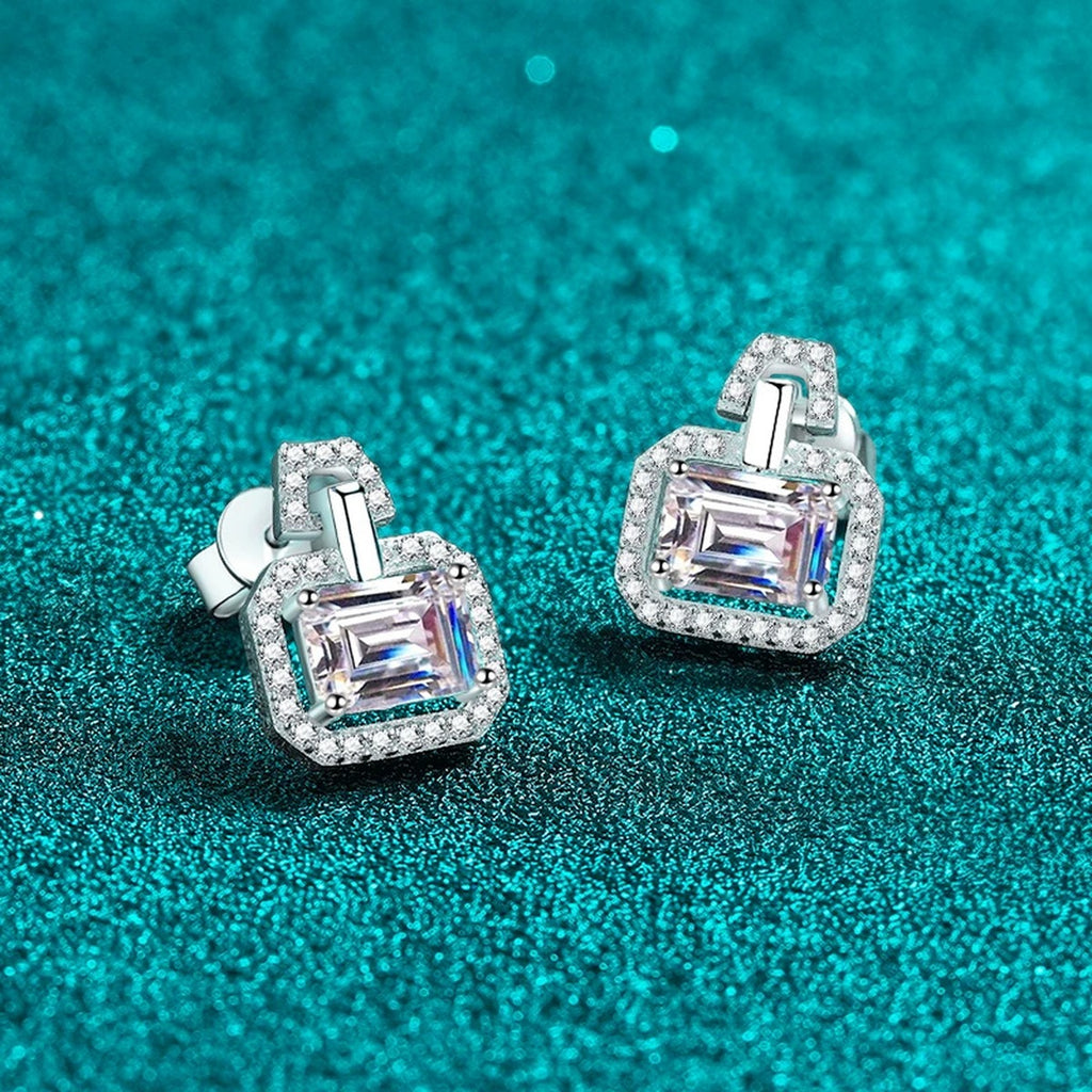 Emerald and Radiant Cut Moissanite Stud Drop Earrings with CZ in Rhodium-Plated S925 sterling silver product scene view showing pair comparison