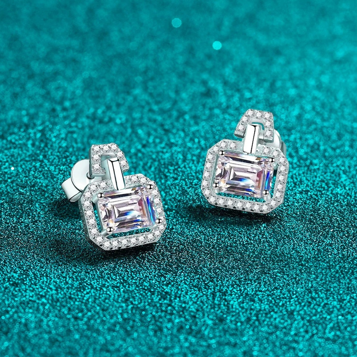 Emerald and Radiant Cut Moissanite Stud Drop Earrings with CZ in Rhodium-Plated S925 sterling silver product scene view showing pair comparison