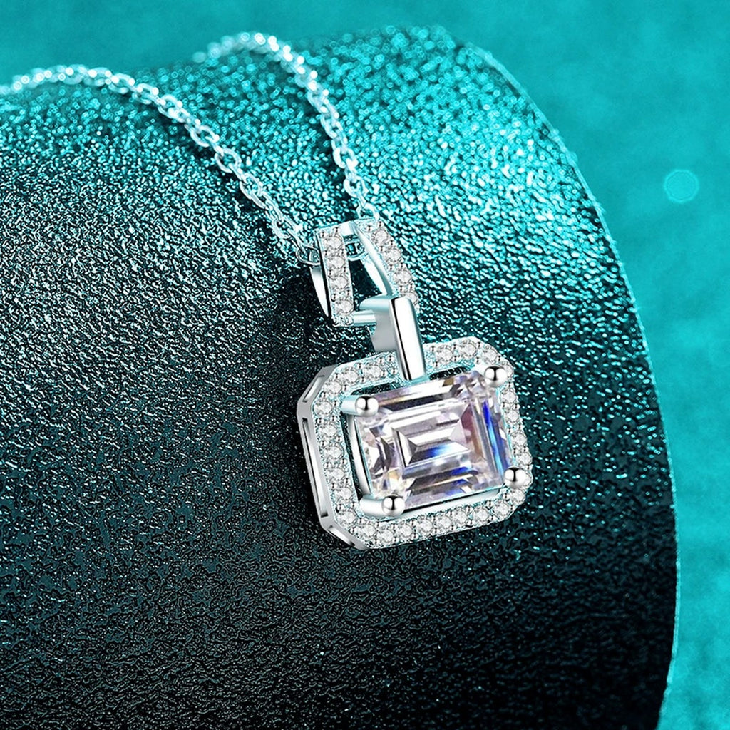 Emerald and Radiant Cut Moissanite Pendant Necklace with CZ in Rhodium-Plated S925 sterling silver close-up product scene showing pendant setting