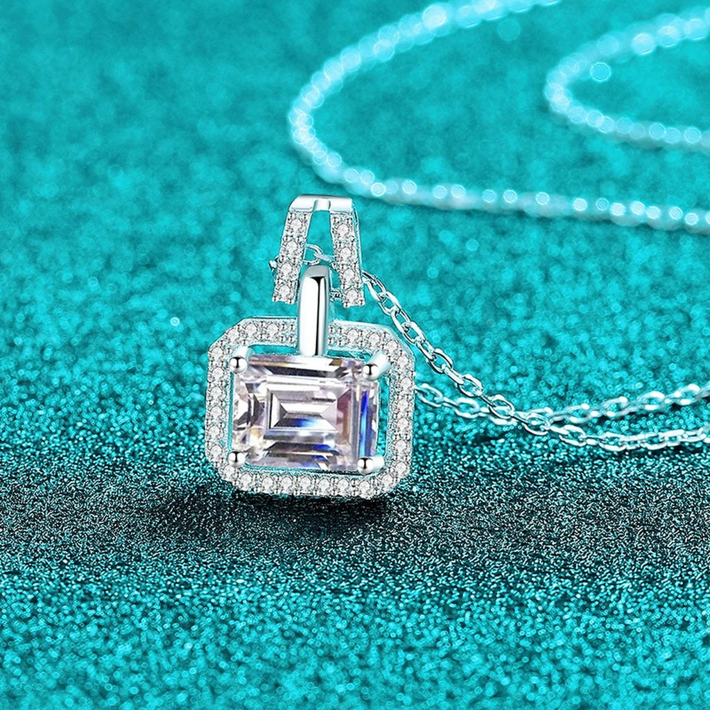 Emerald and Radiant Cut Moissanite Pendant Necklace with CZ in Rhodium-Plated S925 sterling silver angled product detail view