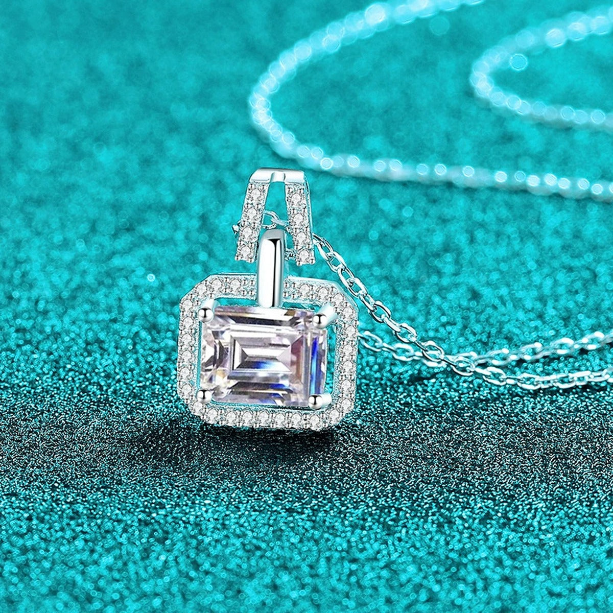 Emerald and Radiant Cut Moissanite Pendant Necklace with CZ in Rhodium-Plated S925 sterling silver angled product detail view