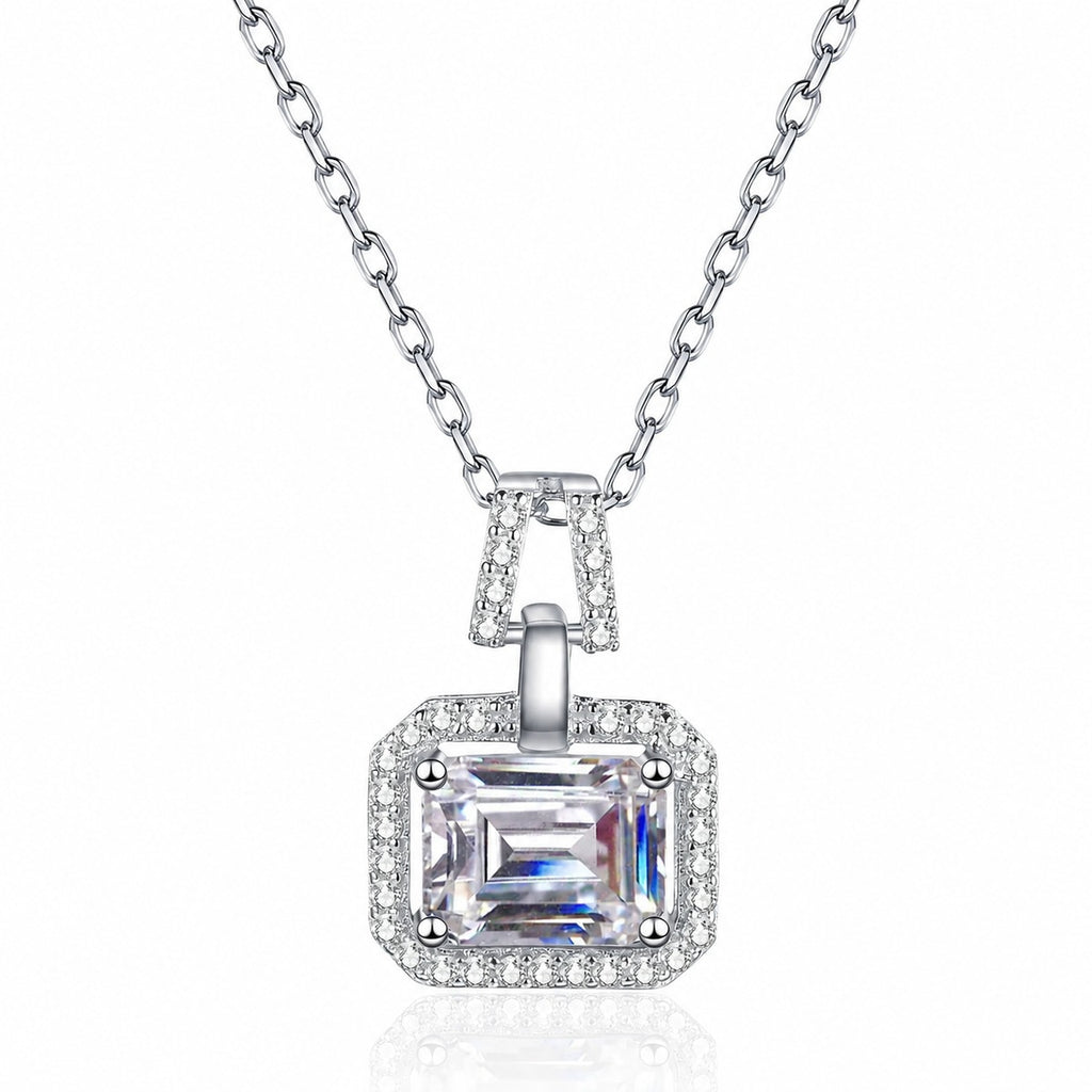 Emerald and Radiant Cut Moissanite Pendant Necklace with CZ in Rhodium-Plated S925 sterling silver additional product styling view