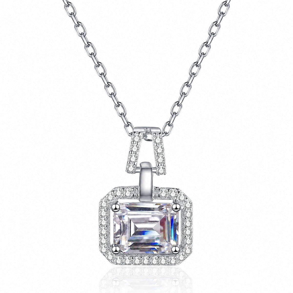 Emerald and Radiant Cut Moissanite Pendant Necklace with CZ in Rhodium-Plated S925 sterling silver additional product styling view