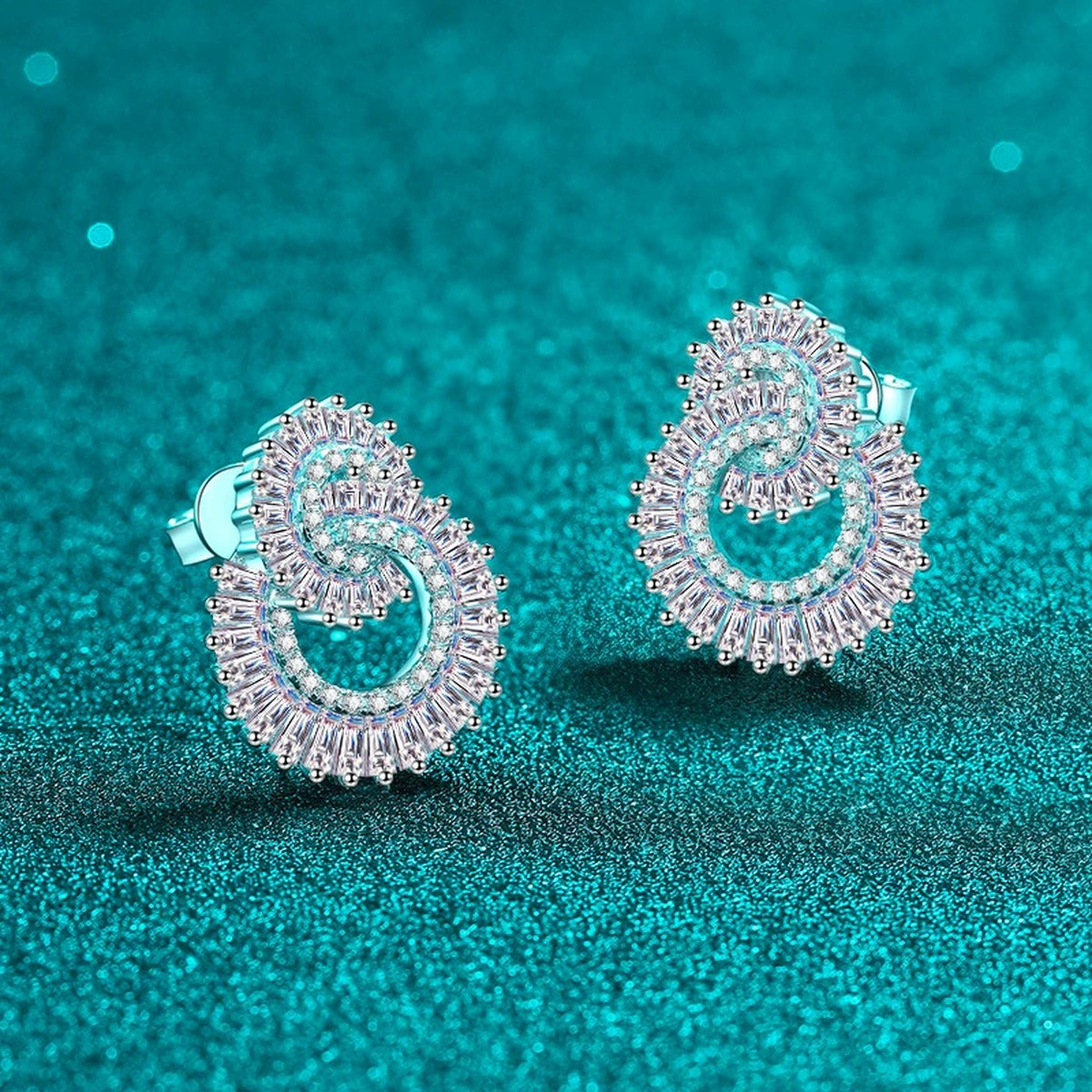 Pear-Shaped Mixed Cut Moissanite Stud Earrings in Rhodium-Plated S925 sterling silver product scene view showing front sparkle