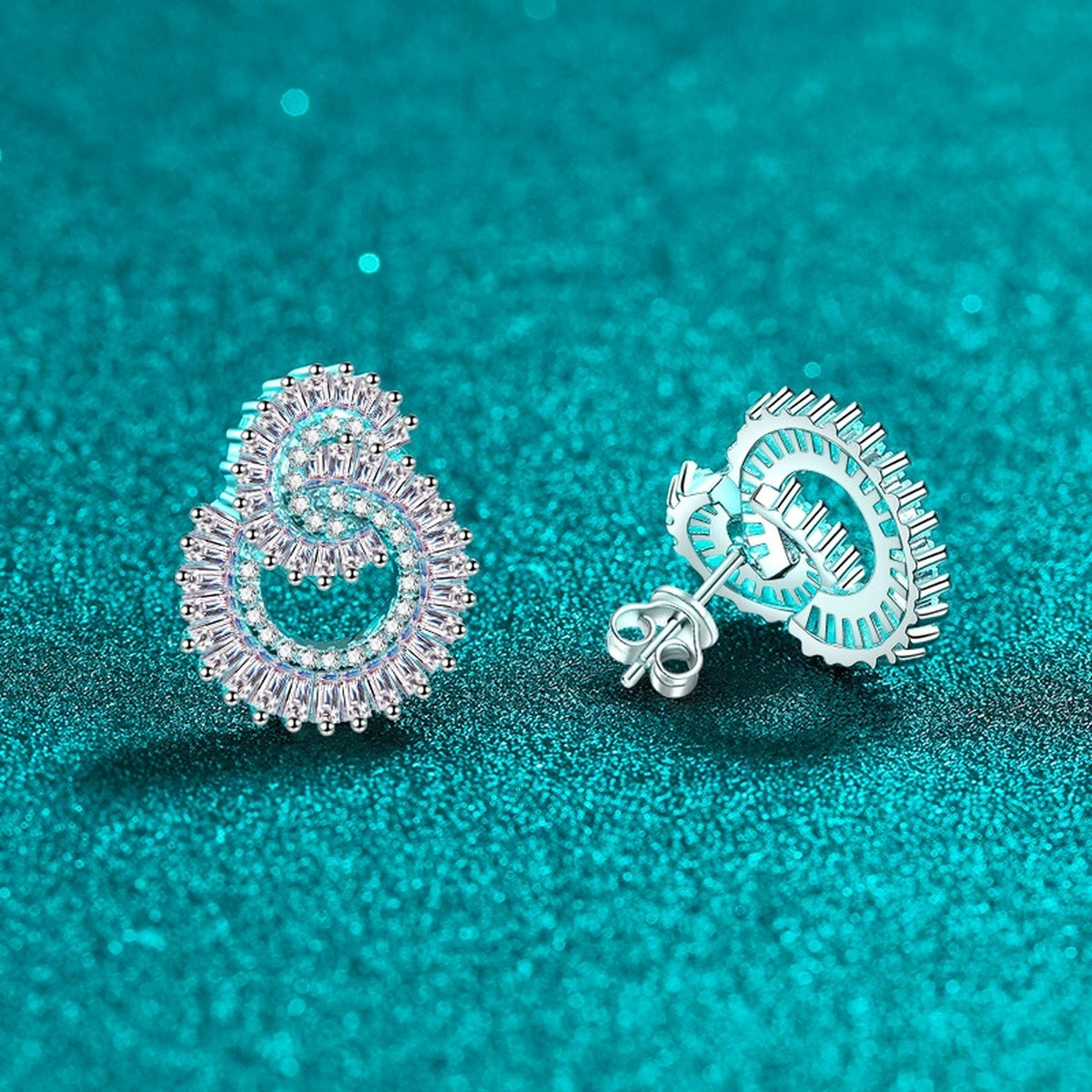 Pear-Shaped Mixed Cut Moissanite Stud Earrings in Rhodium-Plated S925 sterling silver product scene view showing angled setting detail