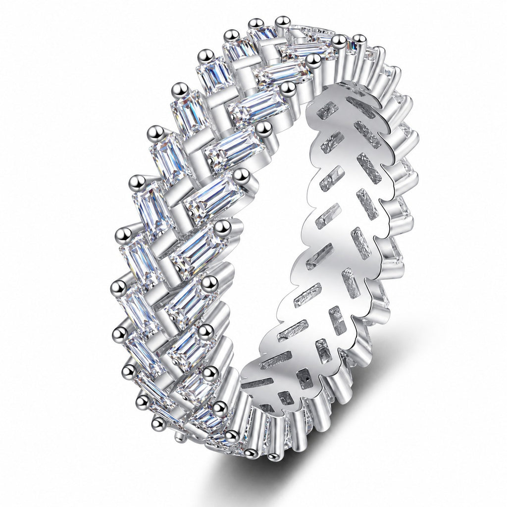 Emerald Cut Moissanite Eternity Band Ring in rhodium-plated S925 sterling silver on clean white background