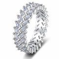 Emerald Cut Moissanite Eternity Band Ring in rhodium-plated S925 sterling silver on clean white background