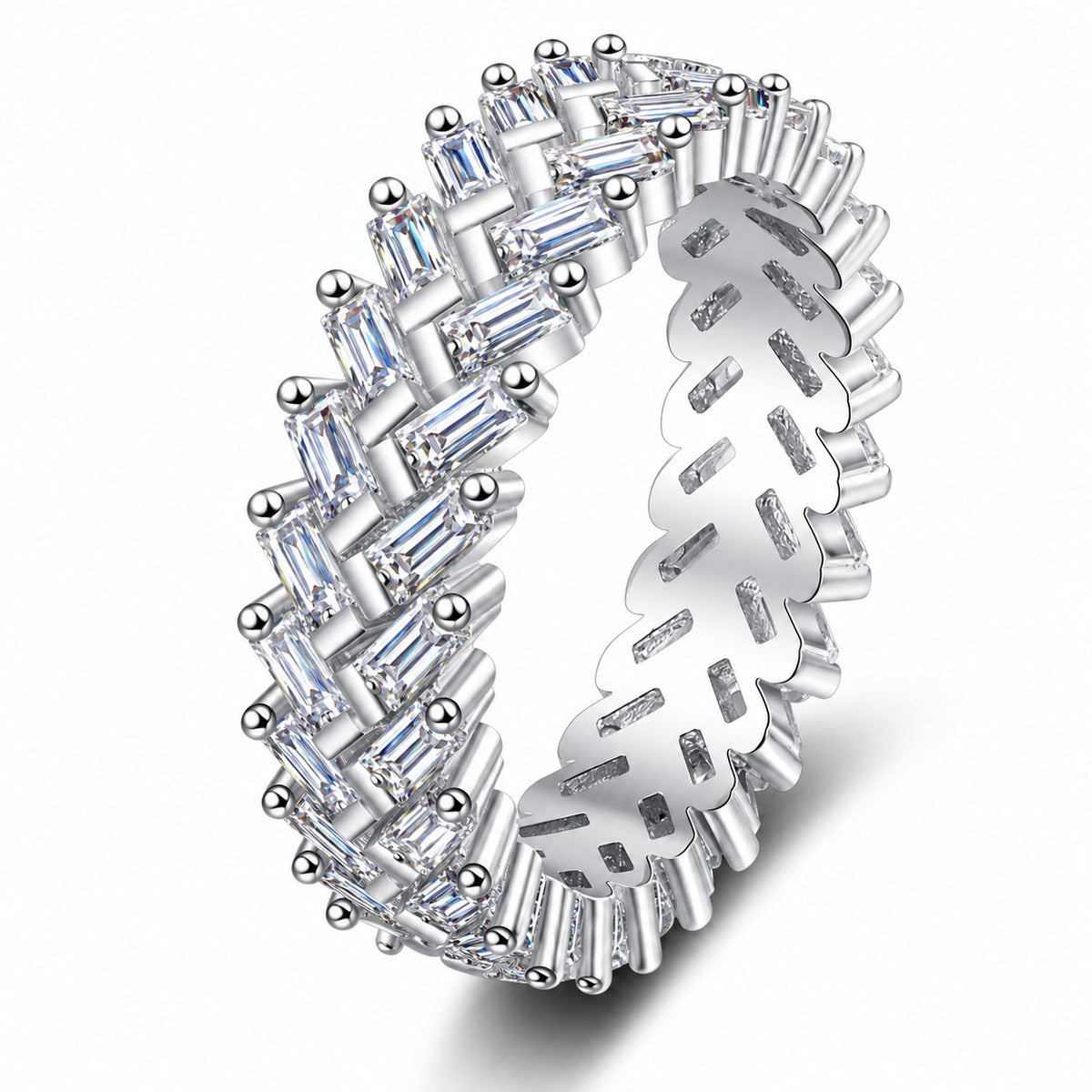 Emerald Cut Moissanite Eternity Band Ring in rhodium-plated S925 sterling silver on clean white background