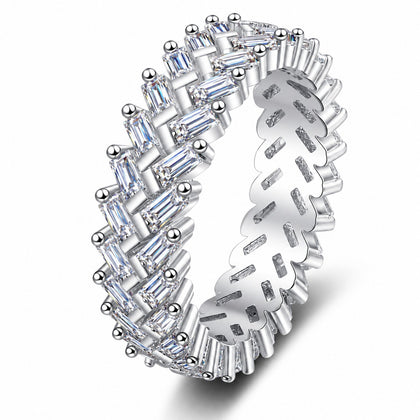 Emerald Cut Moissanite Eternity Band Ring in rhodium-plated S925 sterling silver on clean white background