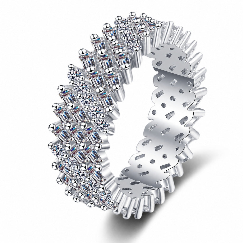 Round and Emerald Moissanite Eternity Band Ring in rhodium-plated S925 sterling silver on clean white background