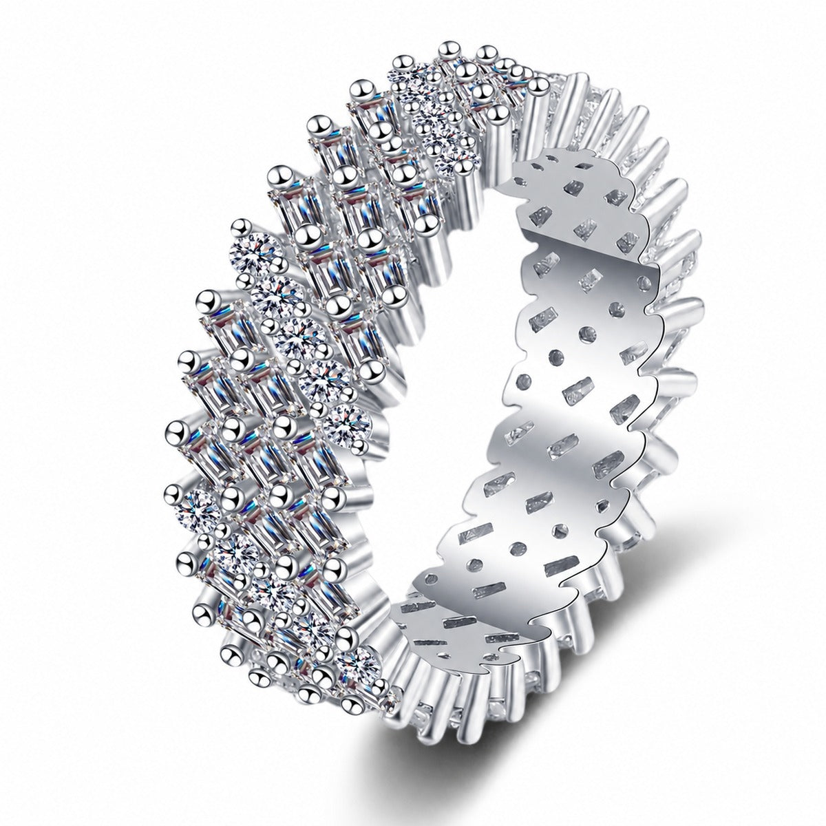 Round and Emerald Moissanite Eternity Band Ring in rhodium-plated S925 sterling silver on clean white background