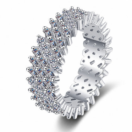 Round and Emerald Moissanite Eternity Band Ring in rhodium-plated S925 sterling silver on clean white background