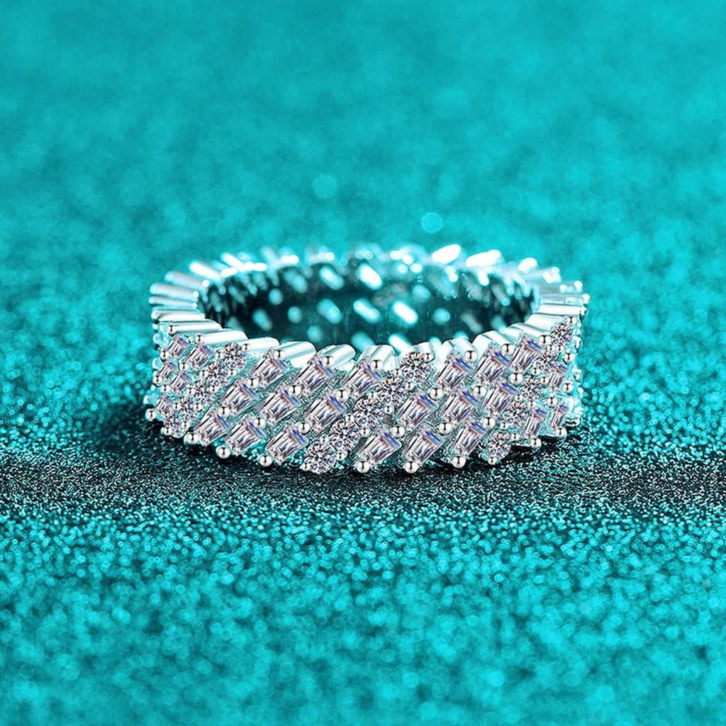 Round and Emerald Moissanite Eternity Band Ring product view showing moissanite setting and metal finish