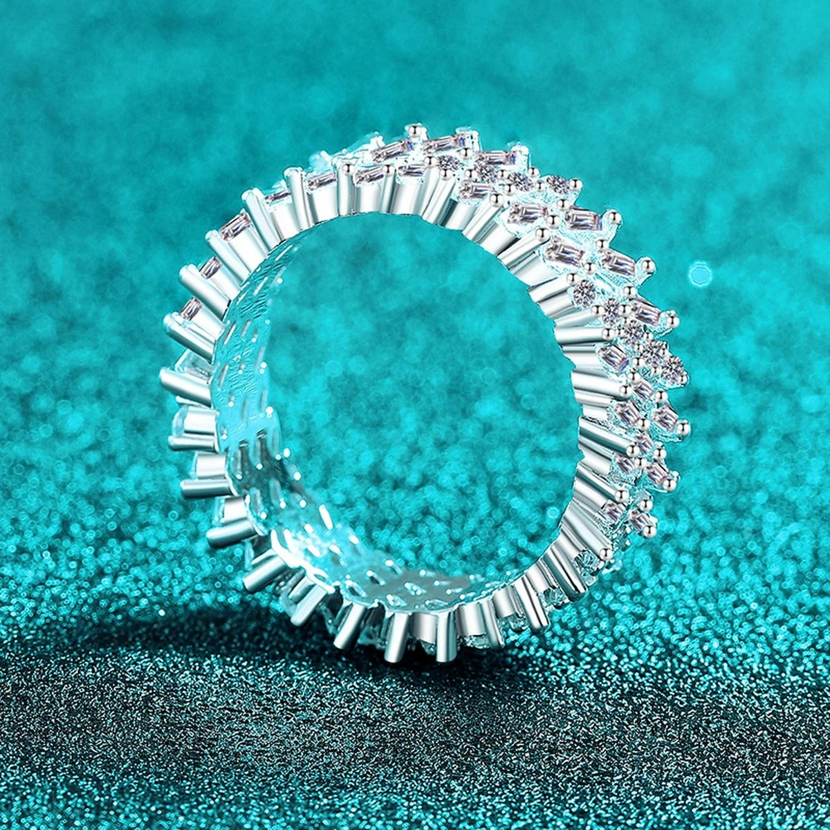 Round and Emerald Moissanite Eternity Band Ring product view showing moissanite setting and metal finish