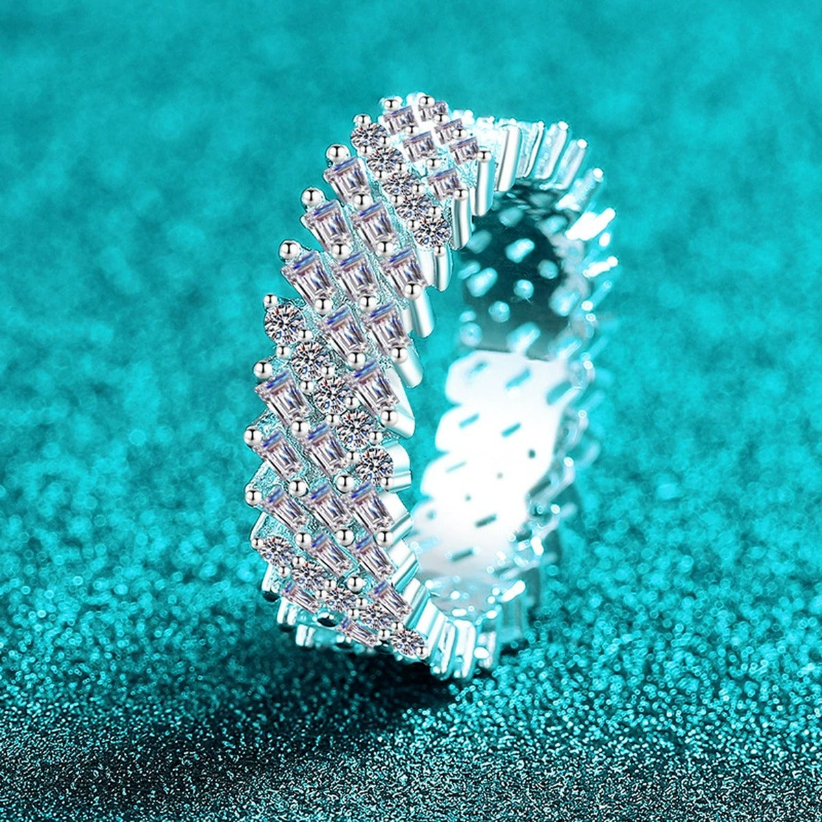 Round and Emerald Moissanite Eternity Band Ring product view showing moissanite setting and metal finish