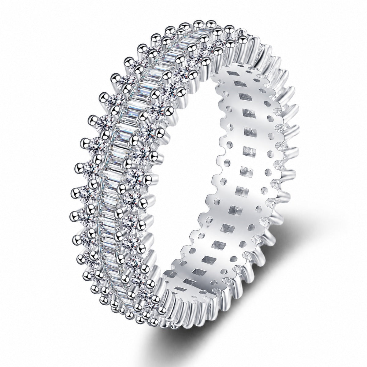 Round and Emerald Moissanite Eternity Band Ring in rhodium-plated S925 sterling silver on clean white background