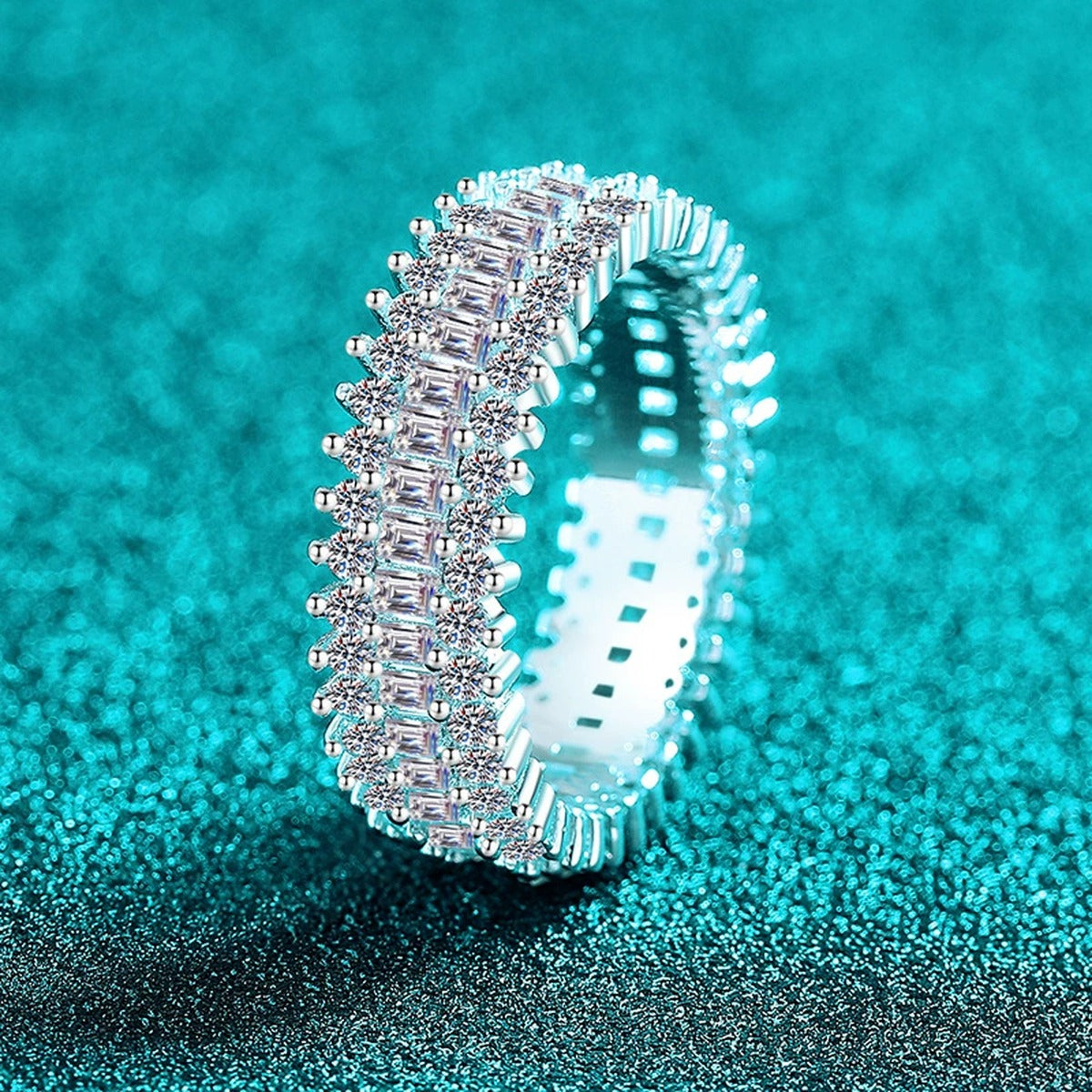 Round and Emerald Moissanite Eternity Band Ring product view showing moissanite setting and metal finish