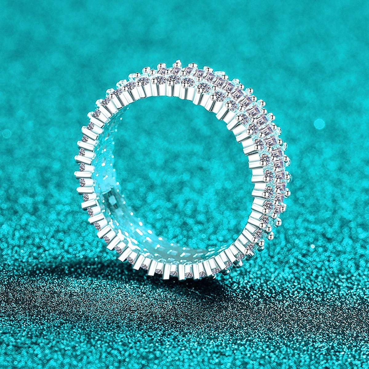 Round and Emerald Moissanite Eternity Band Ring product view showing moissanite setting and metal finish
