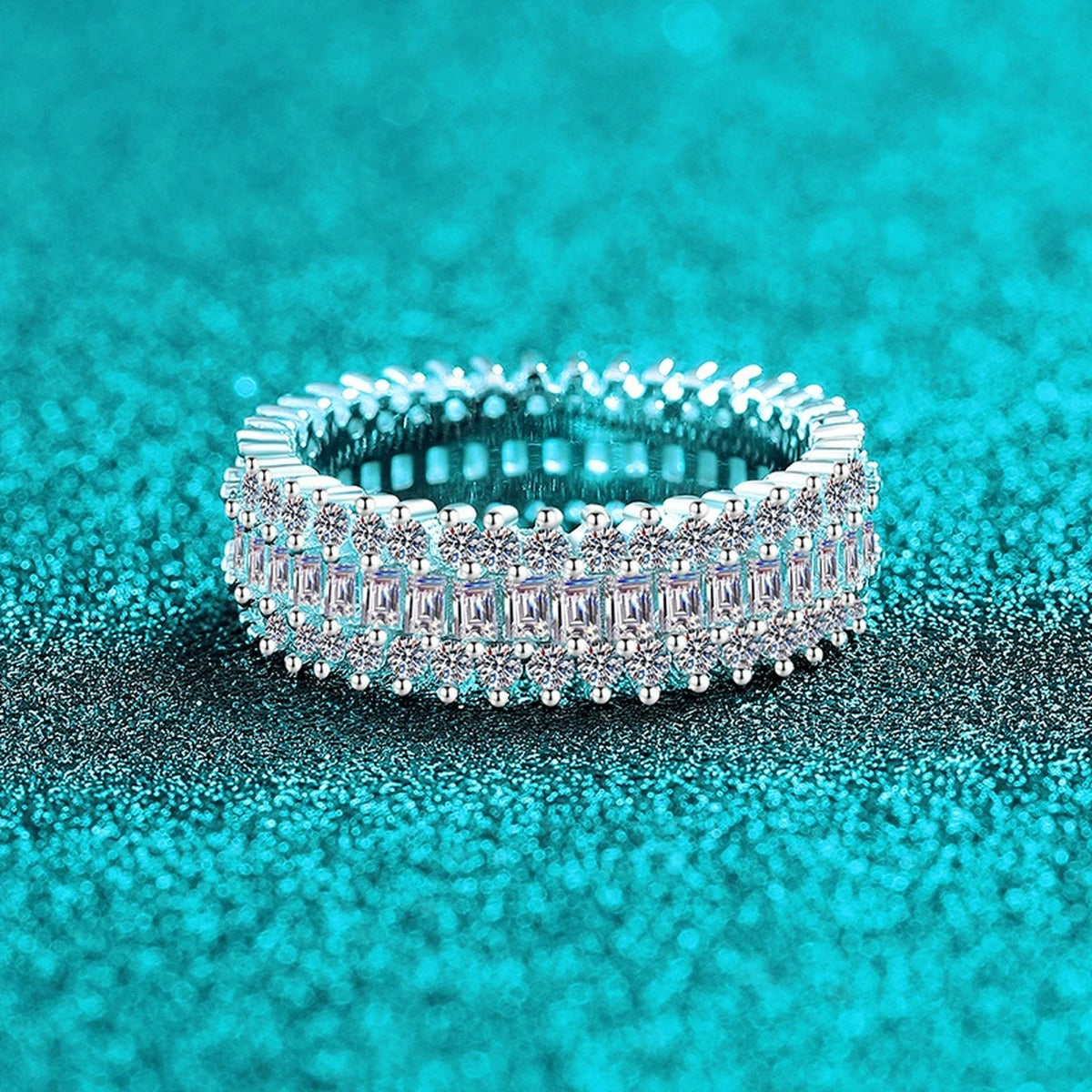 Round and Emerald Moissanite Eternity Band Ring product view showing moissanite setting and metal finish