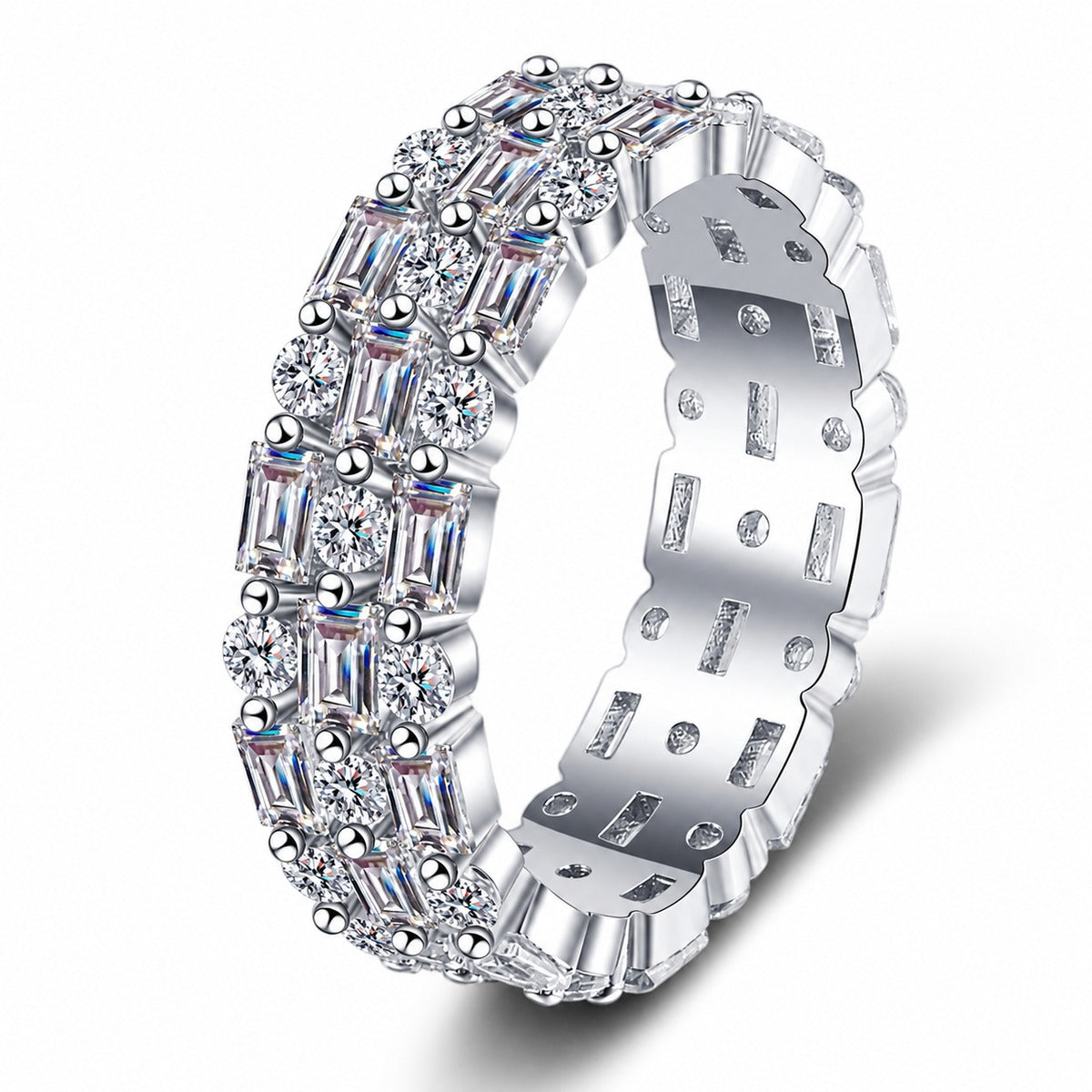 Emerald and Round Moissanite Eternity Band Ring in rhodium-plated S925 sterling silver on clean white background