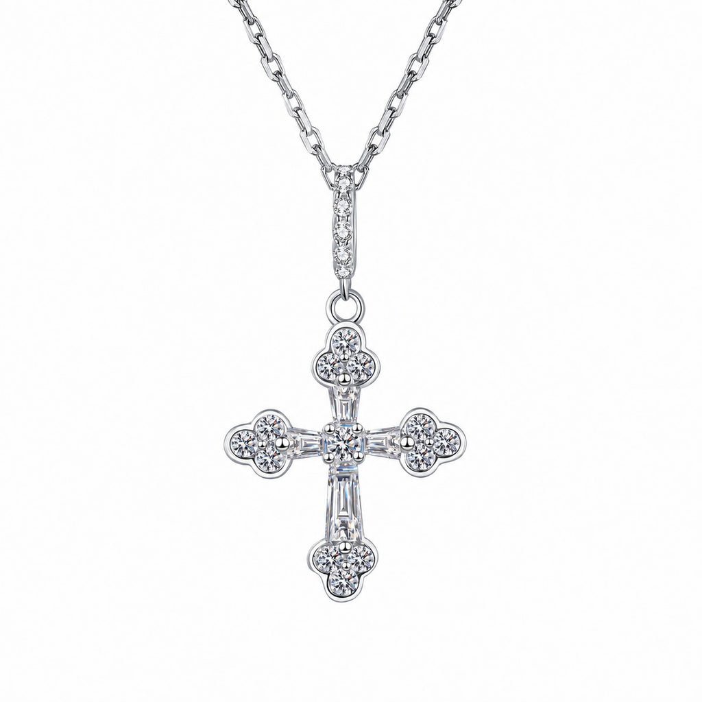 Cross Mixed-Cut Moissanite Pendant Necklace in Rhodium-Plated S925 sterling silver white background product photo showing cross pendant with round and emerald cut moissanite details