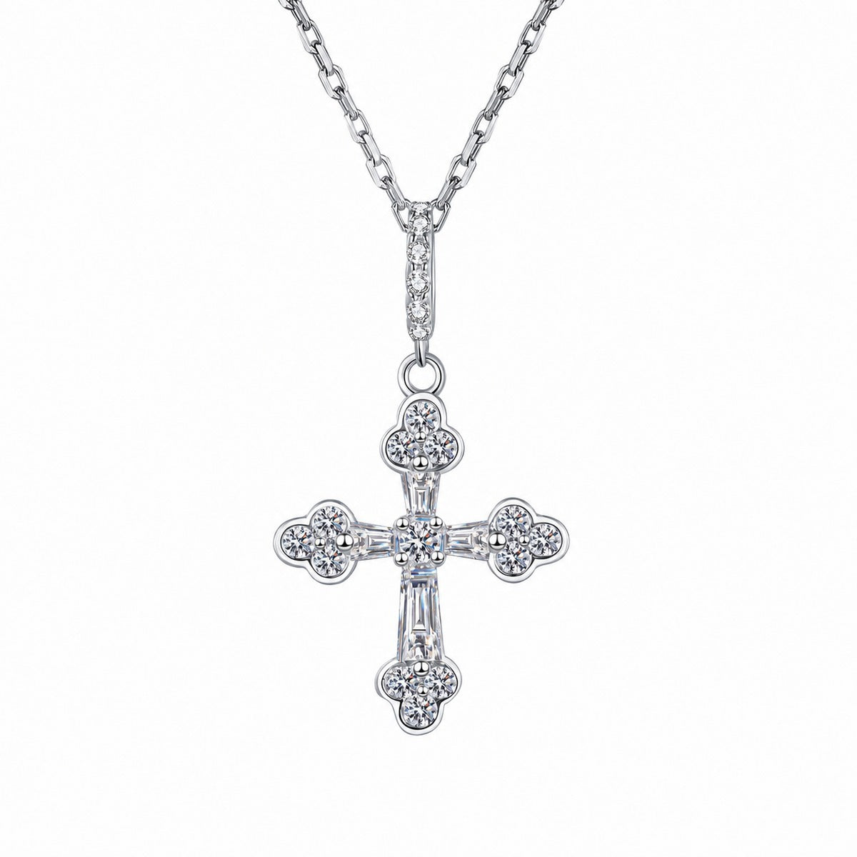 Cross Mixed-Cut Moissanite Pendant Necklace in Rhodium-Plated S925 sterling silver white background product photo showing cross pendant with round and emerald cut moissanite details