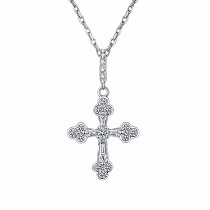 Cross Mixed-Cut Moissanite Pendant Necklace in Rhodium-Plated S925 sterling silver white background product photo showing cross pendant with round and emerald cut moissanite details