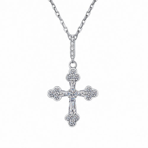 Cross Mixed-Cut Moissanite Pendant Necklace in Rhodium-Plated S925 sterling silver white background product photo showing cross pendant with round and emerald cut moissanite details