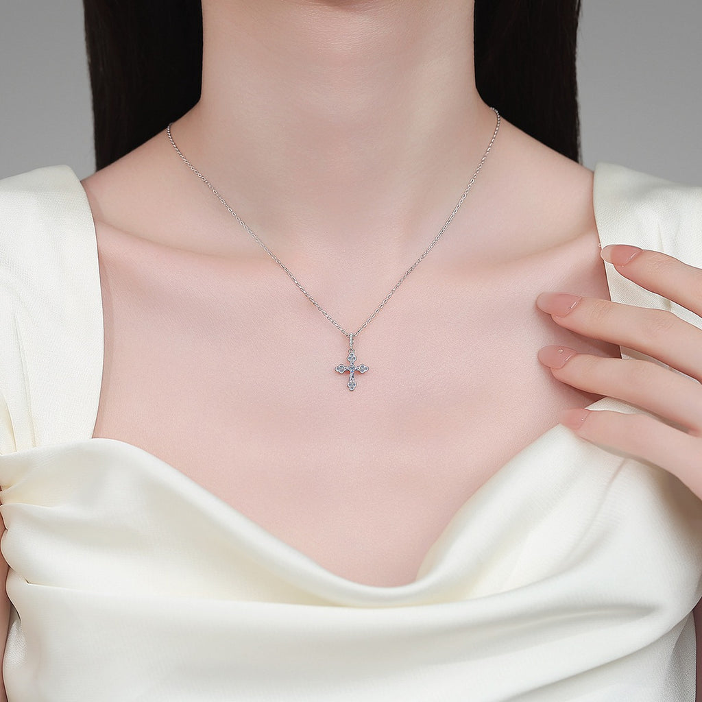Cross Mixed-Cut Moissanite Pendant Necklace in Rhodium-Plated S925 sterling silver neckline model view showing pendant scale and adjustable chain