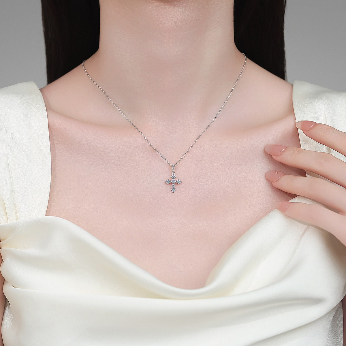 Cross Mixed-Cut Moissanite Pendant Necklace in Rhodium-Plated S925 sterling silver neckline model view showing pendant scale and adjustable chain