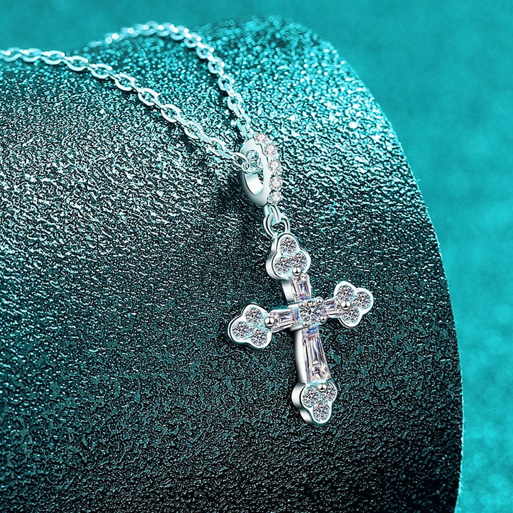 Cross Mixed-Cut Moissanite Pendant Necklace in Rhodium-Plated S925 sterling silver close-up product scene showing pendant setting