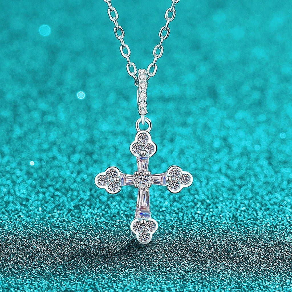 Cross Mixed-Cut Moissanite Pendant Necklace in Rhodium-Plated S925 sterling silver blue display scene showing chain and stone layout