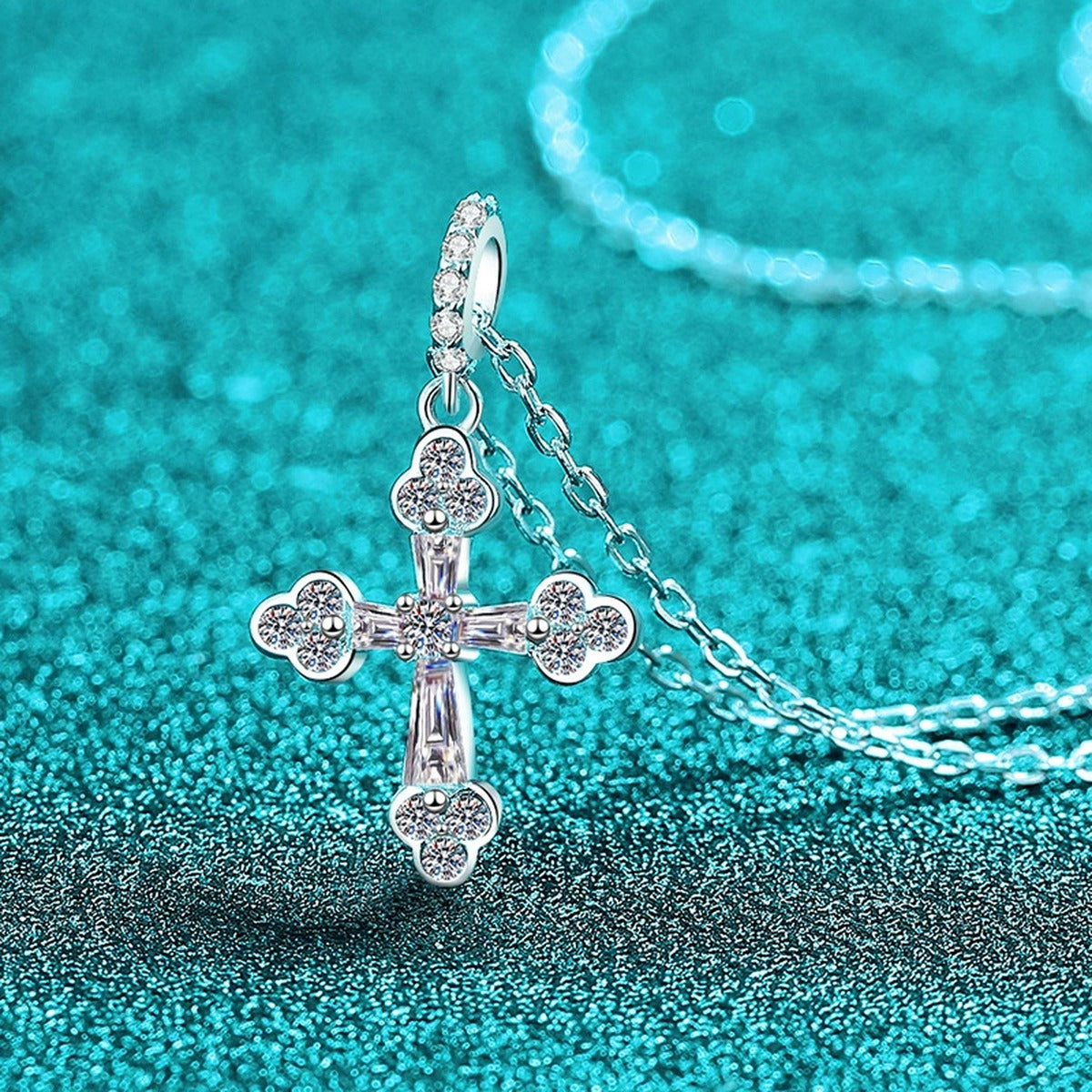 Cross Mixed-Cut Moissanite Pendant Necklace in Rhodium-Plated S925 sterling silver angled product detail view
