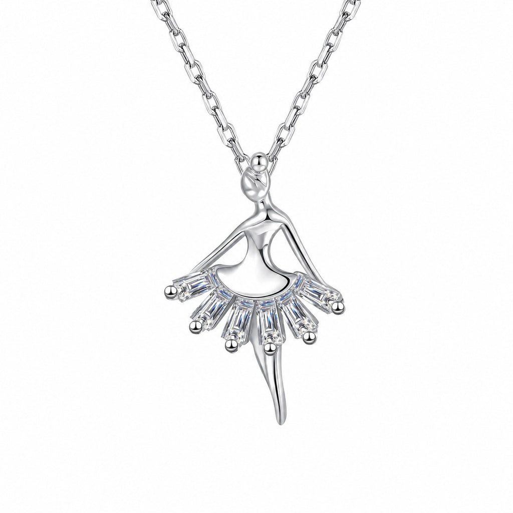 Ballerina Emerald Cut Moissanite Pendant Necklace in Rhodium-Plated S925 sterling silver white background product photo showing ballerina-inspired pendant with emerald cut moissanite skirt details