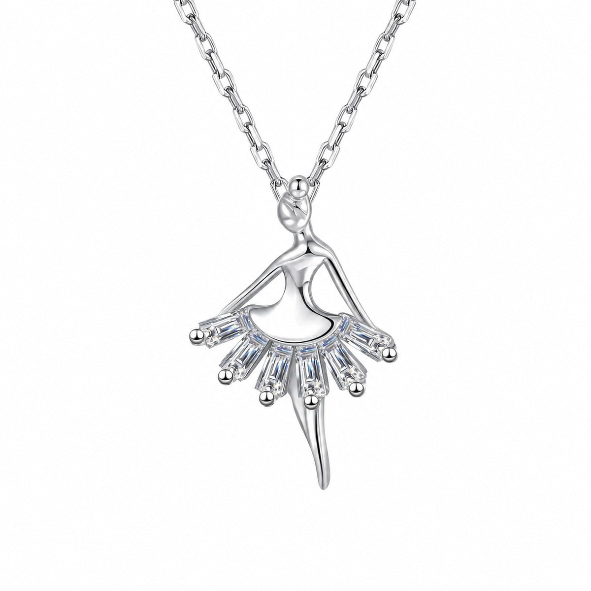 Ballerina Emerald Cut Moissanite Pendant Necklace in Rhodium-Plated S925 sterling silver white background product photo showing ballerina-inspired pendant with emerald cut moissanite skirt details