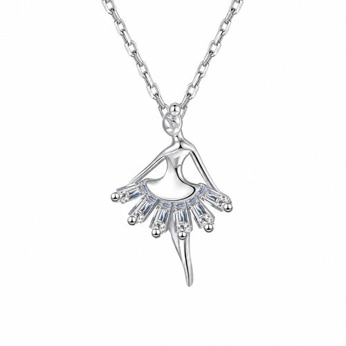 Ballerina Emerald Cut Moissanite Pendant Necklace in Rhodium-Plated S925 sterling silver white background product photo showing ballerina-inspired pendant with emerald cut moissanite skirt details