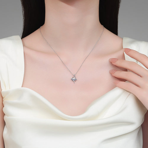 Ballerina Emerald Cut Moissanite Pendant Necklace in Rhodium-Plated S925 sterling silver neckline model view showing pendant scale and adjustable chain